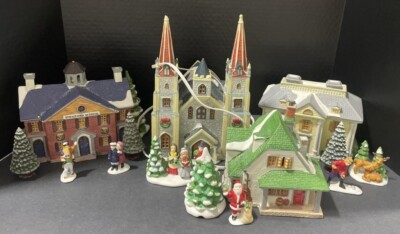 14 Piece LEMAX Collectibles Ceramic Christmas Village Stratford, Church, Santa
