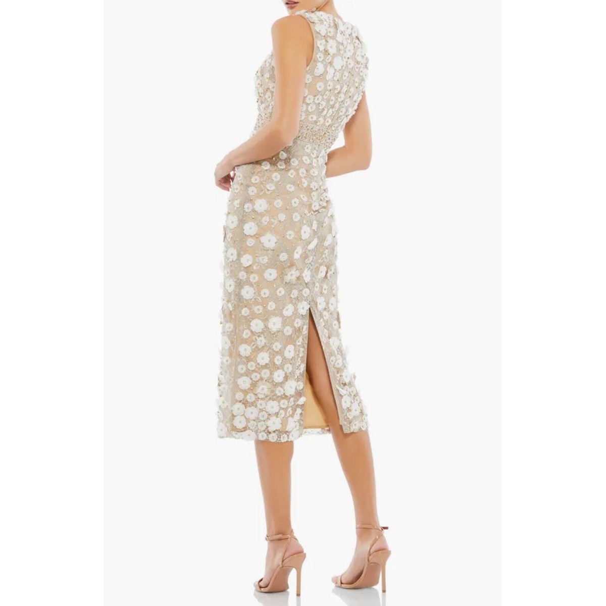 beaded floral appliqué midi sheath dress mac duggal Pink Crepe Sleeveless Midi Dress With Flower Beading main image 1
