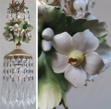 Porcelain Capodimonte white Daffodil Brass chandelier Swag vintage Ceiling lamp