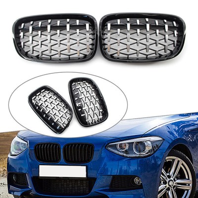 Fit BMW 1Series F20 11-14 Front Black Grille Chrome Diamond Meteor Latest Style