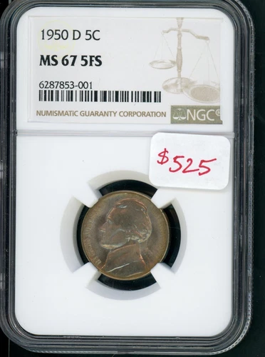 US 1950 -D DENVER JEFFERSON NICKEL 5 STEPS SLABBED NGC MS 67 A172