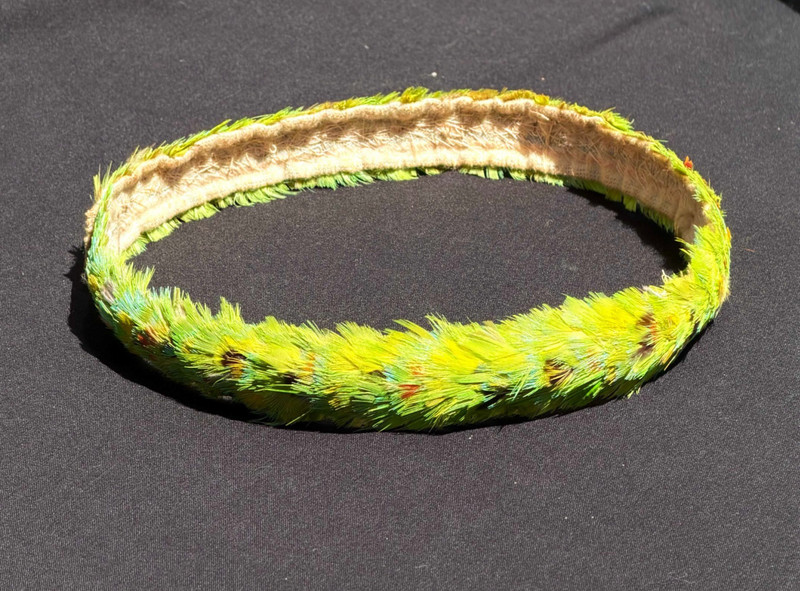 Vtg Hawaiian Feather Lei Green Yellow Red Accents Sewn Backing (AHB)
