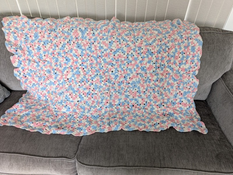 Vintage Baby Hand Crochet Afghan Pink White & Blue! Baby Blanket