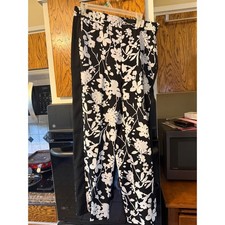 Investments Womens Floral Print Pull On Pants Black White Side Stripe Size M