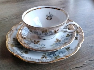 Winterling Bavaria graue Rosen Gedeck Sammlertasse Gold Vintage Porzellan Teller
