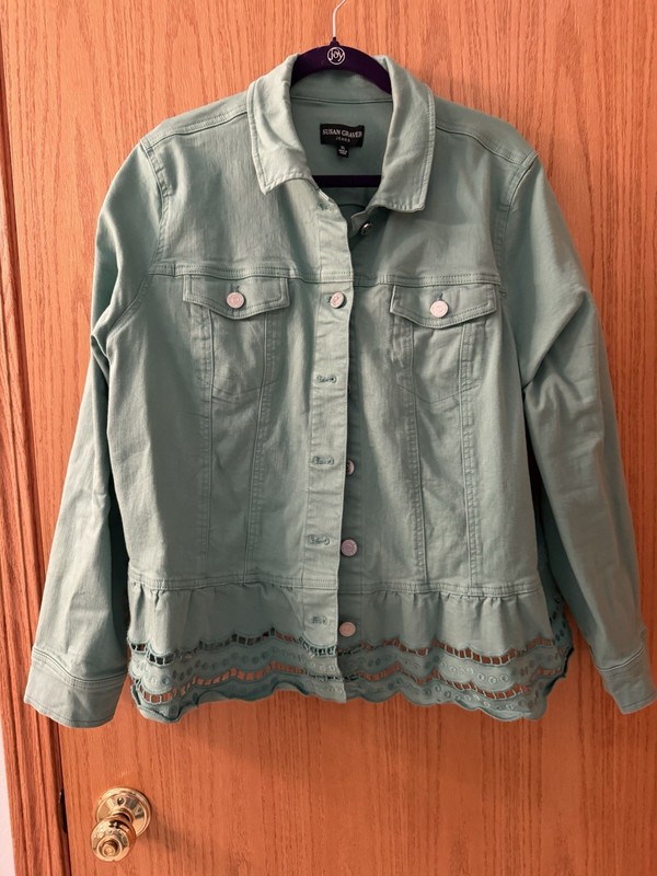 Susan Graver Women's Jacket Sz XL Embroidered Peplum Denim Green Washed Once