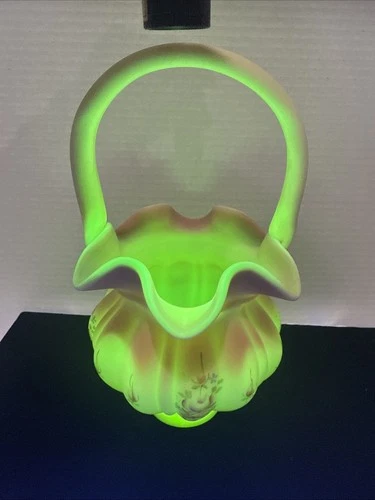 Fenton Uranium Burmese Basket Hand Painted Roses Signed By Artist & W.C. Fenton