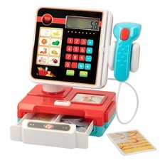 Kids Electronic Cash Register Toy Lights & Sounds Supermarket Till & Money Red