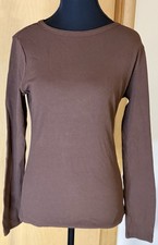 Women  s Crew Neck Fitted Brown Ribbed Long Sleeved Basic Shirt