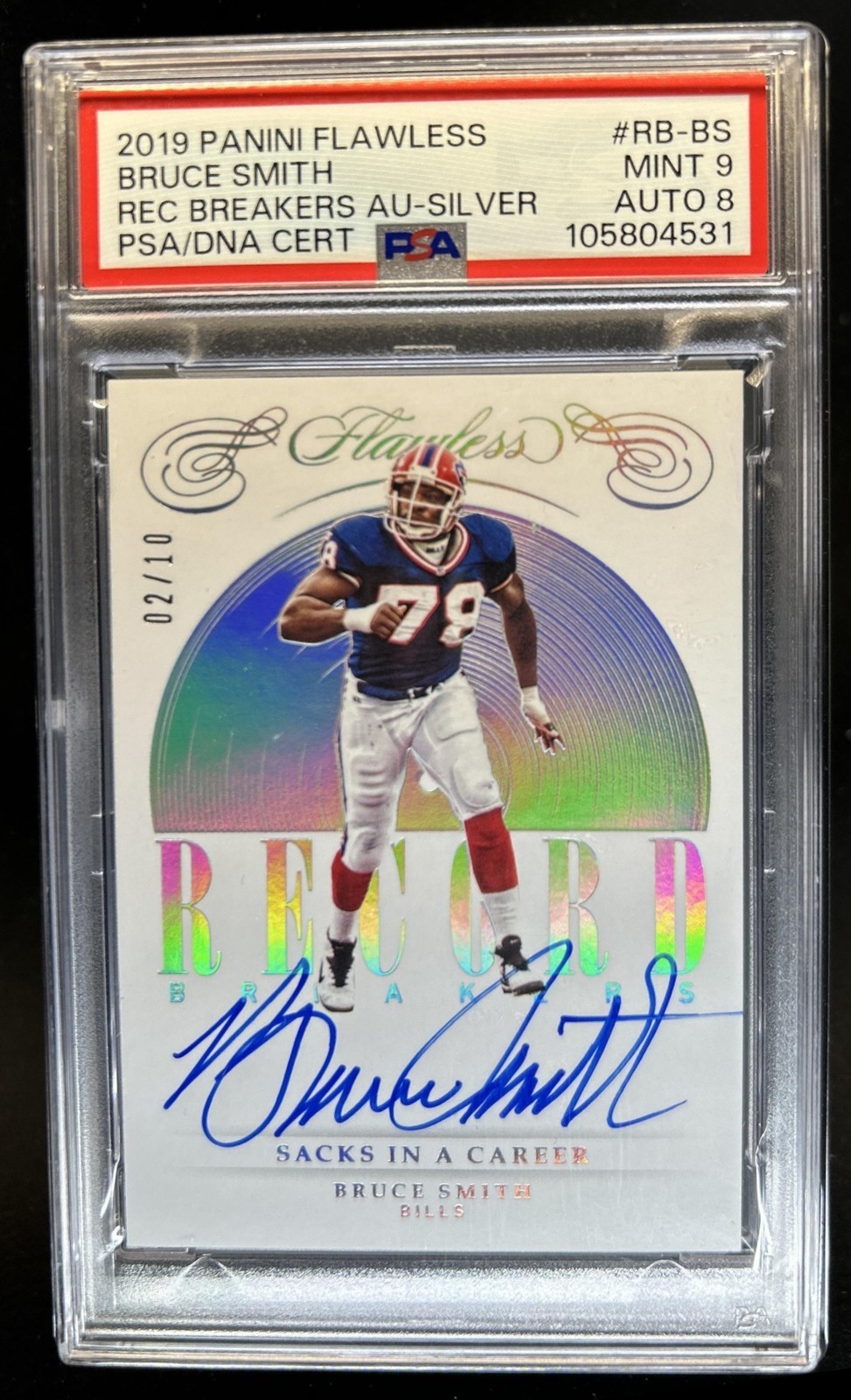2019 Panini Flawless Bruce Smith Record Breakers Silver Auto #/10 Bills PSA 9