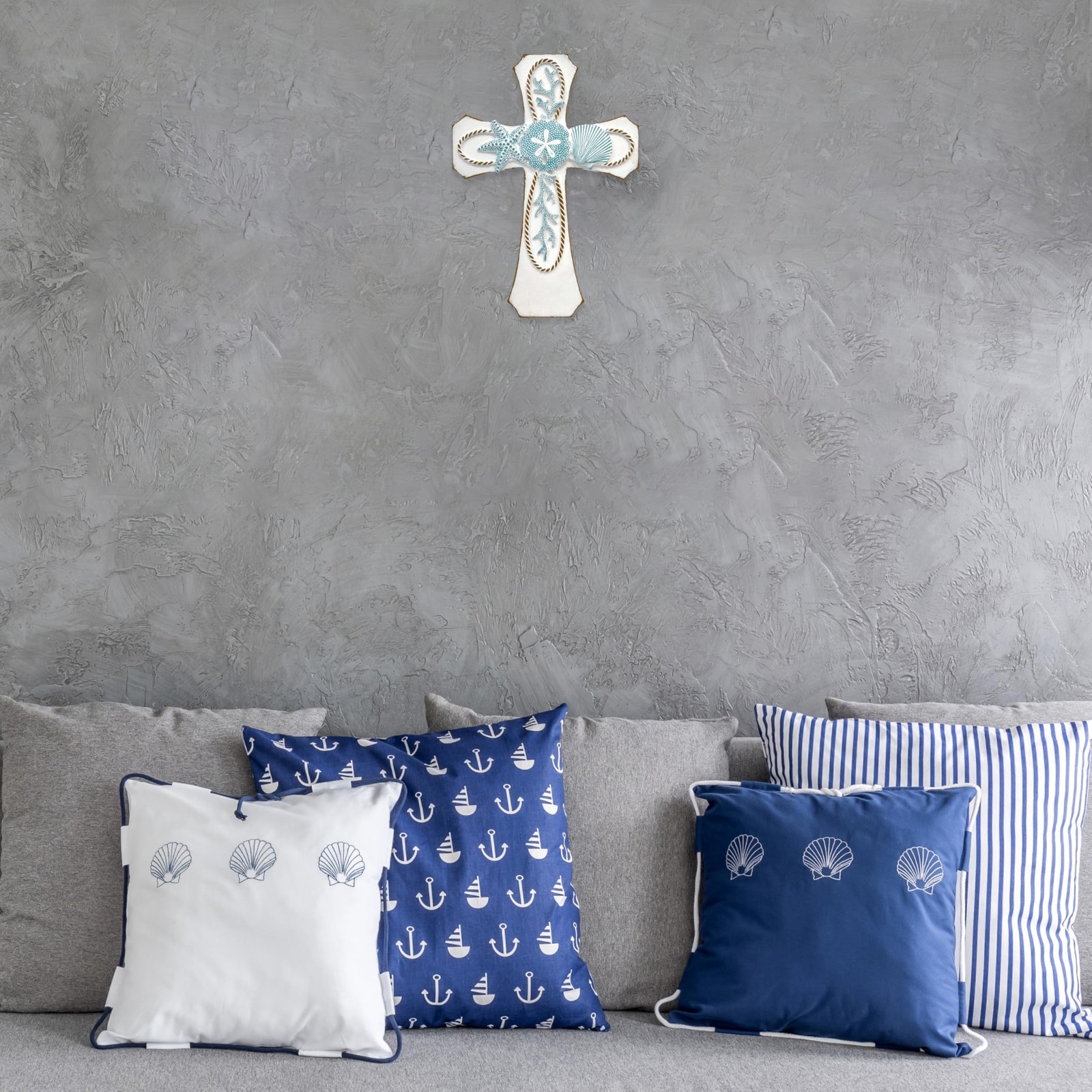 Coastal Nautical Spiritual Wall Cross with Starfish, Coral, and Sea Shell Des...