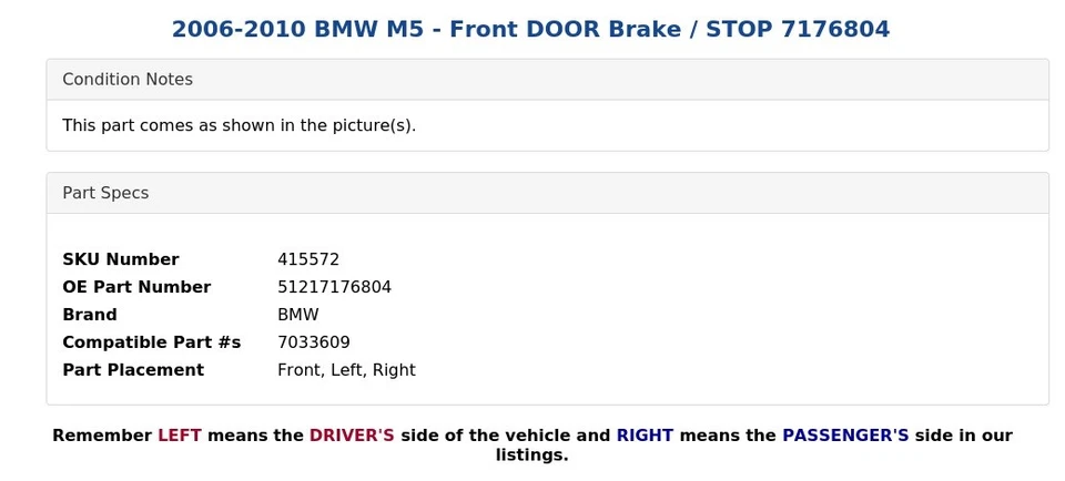 BMW M5 2006-2010 - freno de puerta delantera / parada 7176804 Foto 4 de 4