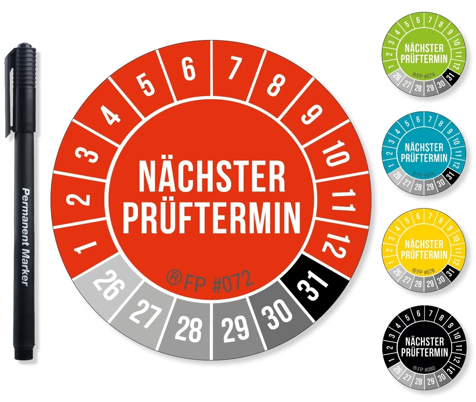 Frank Paperman® Prüfplaketten Rot 20-30mm Ø Nächster Prüftermin mit Folienstift