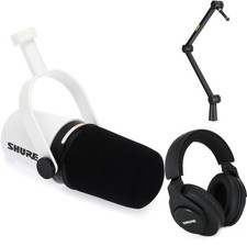 Shure MV7 Hybrid Podcast Microphone with Desktop Mic Boom Stand and Headphones