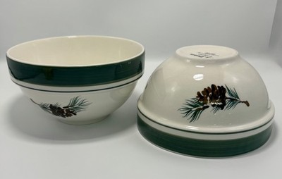 2 LL Bean Evergreen Soup Cereal Bowls pinecones cedar branches  Green Bands 6''