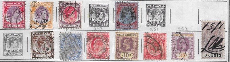 11 Straits Settlements Stamps w/Revenue from Quality Old Antique Album