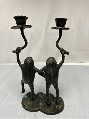 Vintage Whimsical Brass or Metal Statue of 2 Dancing Frogs 10'' Candle Holder