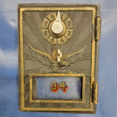 Antique Eagle Lock Co Sunburst Brass PO Box Door Combination Lock Number 34