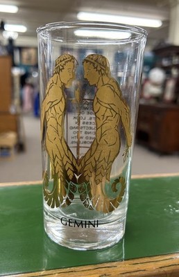 1970s Anchor Hooking Gemini Zodiac Drinking Glass Gold Artwork Astrology