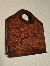 70s Vintage Hand Tooled Leather Purse Tote Bag Floral Western Boho Mexico Style