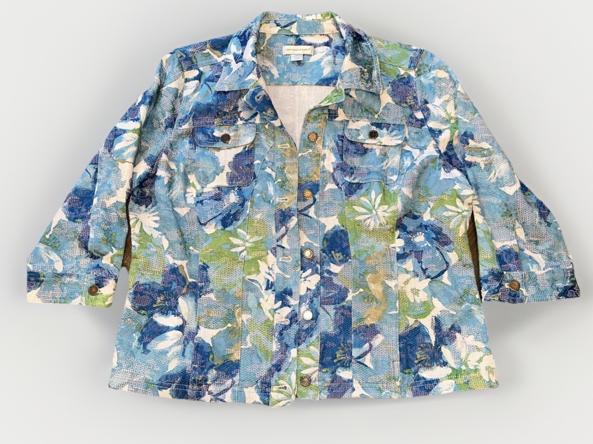 Christopher & Banks Women’s Blazer XL Blue Floral Cotton Blend 3/4 Sleeve Jacket