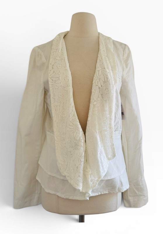 Free People Linen Cotton Peplum Blazer Sz 12 Lace Shawl Collar White NWT
