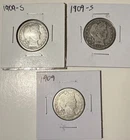 1909 Barber Quarters, Rare 2 -Ss, 1 - NM, Silver, Coin, AG, F, 25 Cent, See Pics