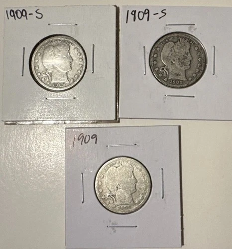 1909 Barber Quarters, Rare 2 -Ss, 1 - NM, Silver, Coin, AG, F, 25 Cent, See Pics