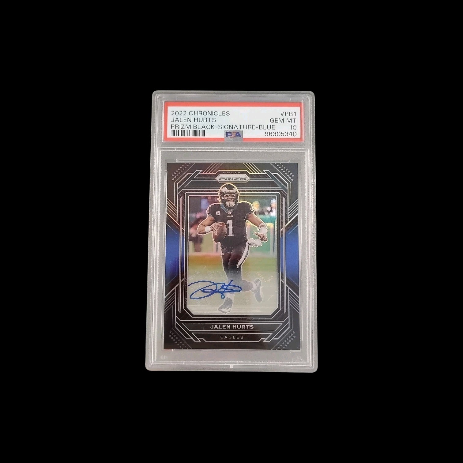 2022 Panini Chronicles Jalen Hurts Prizm Black Blue /25 PSA 10 Auto Autograph view 1