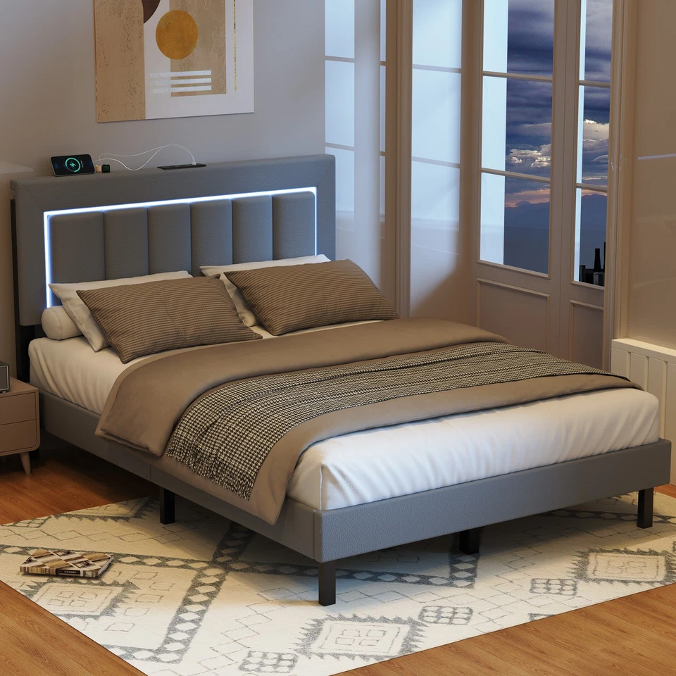 NOBRAND Single/Double Bed Frame Upholstered Platform With Charging Socket & LED Light UK
