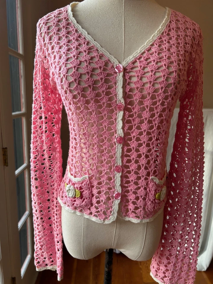 Cárdigan Vintage Años 90 Betsey Johnson Nueva York Rosa/Blanco Crochet Talla S Foto 4 de 4