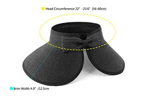 Women Sun Visors Foldable Straw Hats Summer Beach Packable One Size Black+beige - Picture 3 of 6