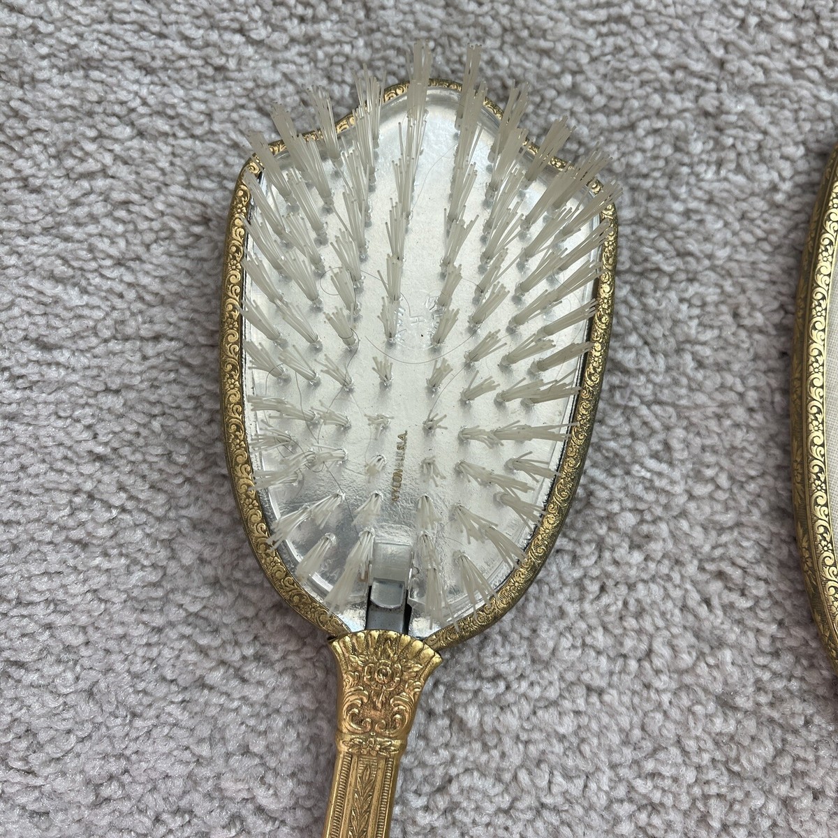 1950s Gold ormolu style cream moire taffeta vanity hair brush and hand mirror 1950s Gold ormolu style cream moire taffeta vanity hair  main image 3