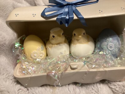 Ceramic Easter Chicks Egg Carton Hatching Chicks With Eggs, Signed  7 3/4 