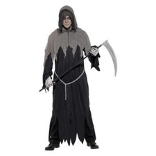 Grim Reaper Costume Adult Black Robe Grey Hood and Chain