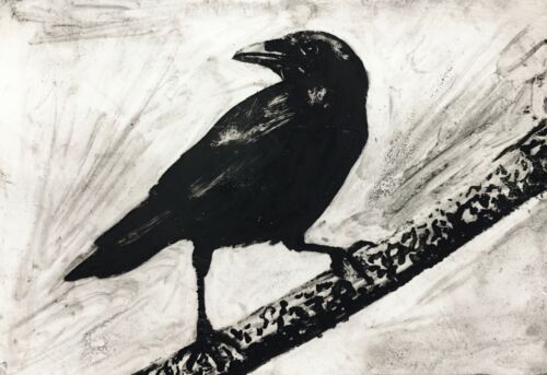 Original ACEO Painting Crow Black Bird Raven Ooak Miniature Art By N.Collins