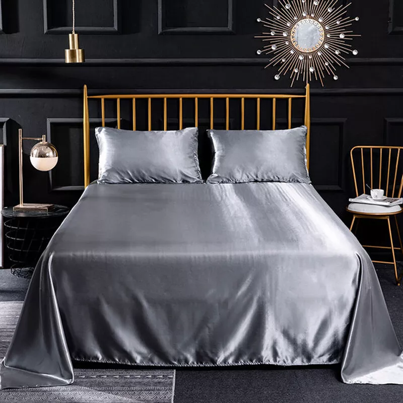 Luxury Flat Sheet Satin Silk Bed Sheets Single Double King Silky