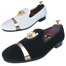 Handmade Mens Velvet Loafers White Slippers with Gold Buckle Wedding Dress Shoes