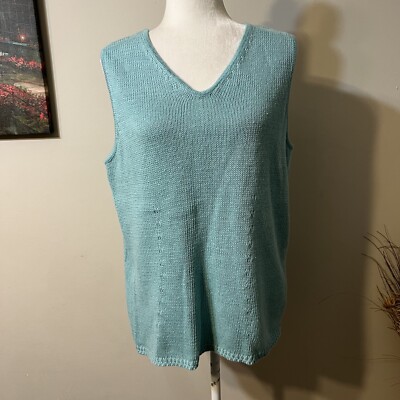 Vtg White Stag Women Sweater Vest V-Neck Plus Size 14W/ 16W Teal Green Ramie