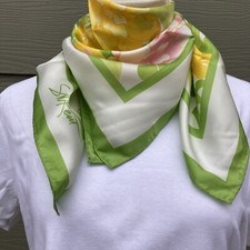 Avon Scarf Floral Yellow Green White SM Kent Signed Square 27" Spring Flowers
