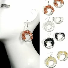E0021 Silver Tone Base Beads Wired Tree of Life Circle Dangle Earrings