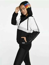 Victoria's Secret Pink Sherpa Lined Full Zip Anorak Hoodie Jacket Rainbow Logo