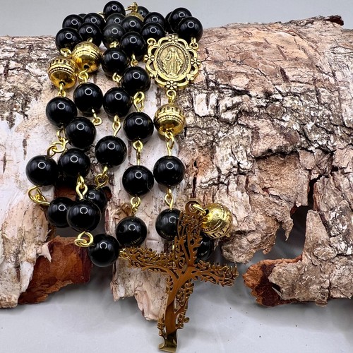 Handmade in Scotland Azbache Stone Black and Gold Tree of LIfe Rosary Beads Gift - Picture 4 of 12