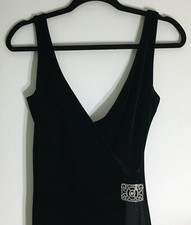 Carabella Collection Black Front Wrap Velvet Dress Medium Rhinestone Brooch