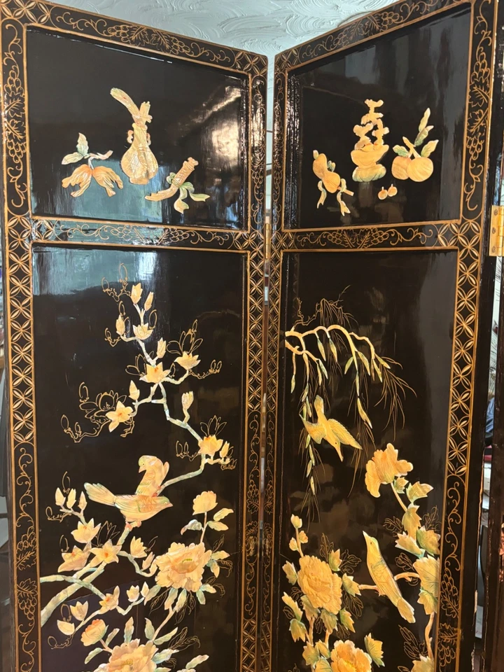 Antiguo/Vintage Asiático Oriental 4 Paneles Pantalla Divisor de Habitación 70" Largo 72" Alto Foto 2 de 4