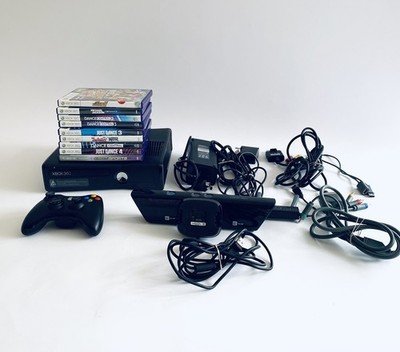 Xbox 360 S Console Black with 1 Controller 9 Games Kinect Wires Extras Dance I2