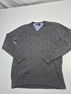 Fred Perry Sweater Mens Large Gray 100% Cotton V Neck Cable Knit Logo Pullover