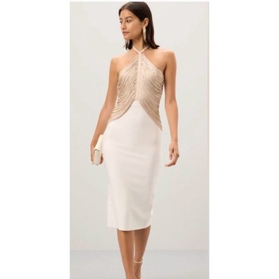 Herve Leger Addison Dress Sleeveless Halter Fringe Midi Sheath Beige White  XS | eBay