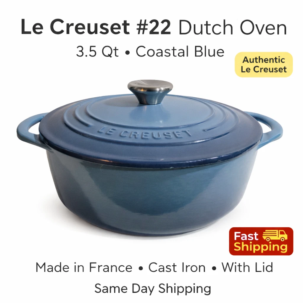 Le Creuset #22 Round Cast Iron Dutch Oven Made in France 3.5 Quarts Coastal Blue