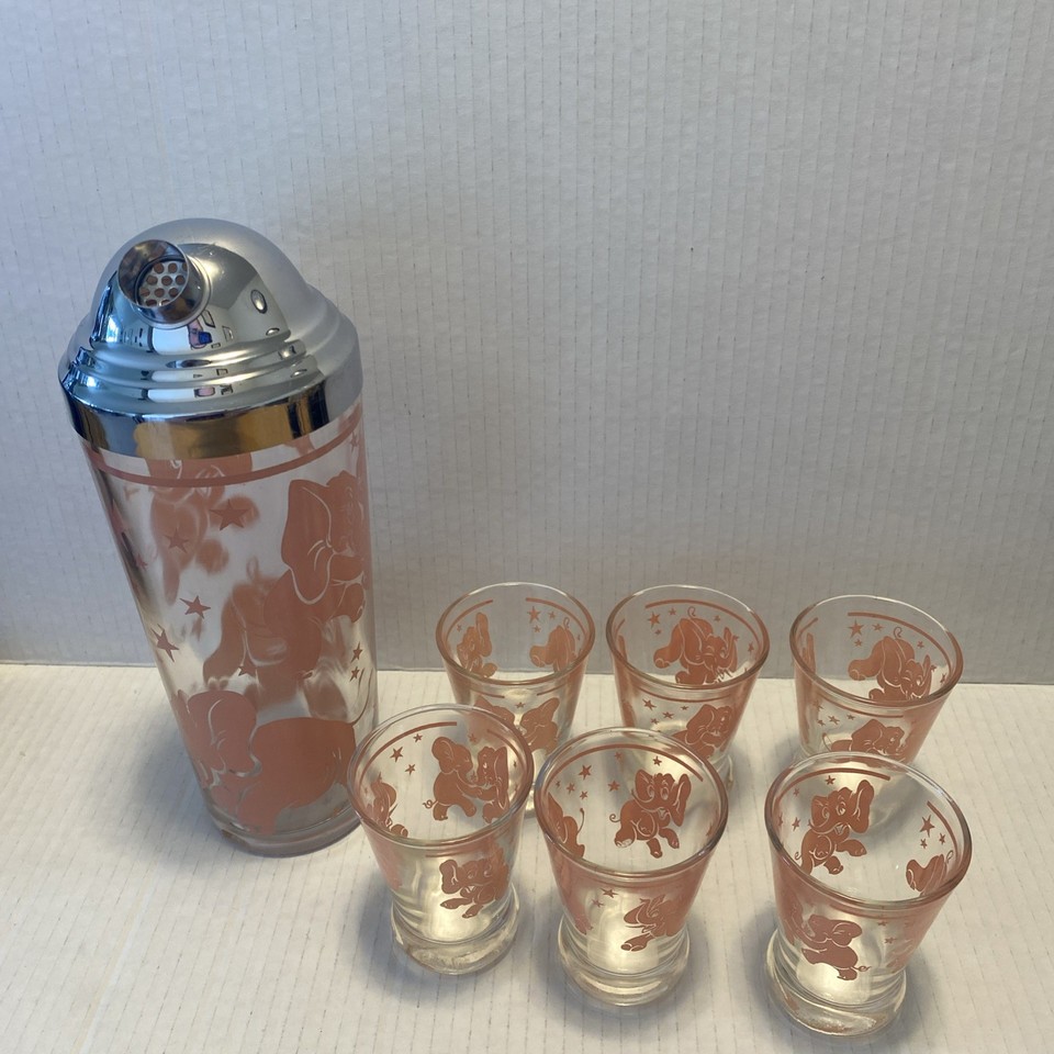 Vintage MCM Barware Hazel Atlas Dancing Elephants Cocktail Shaker, 6 Shots 1950s